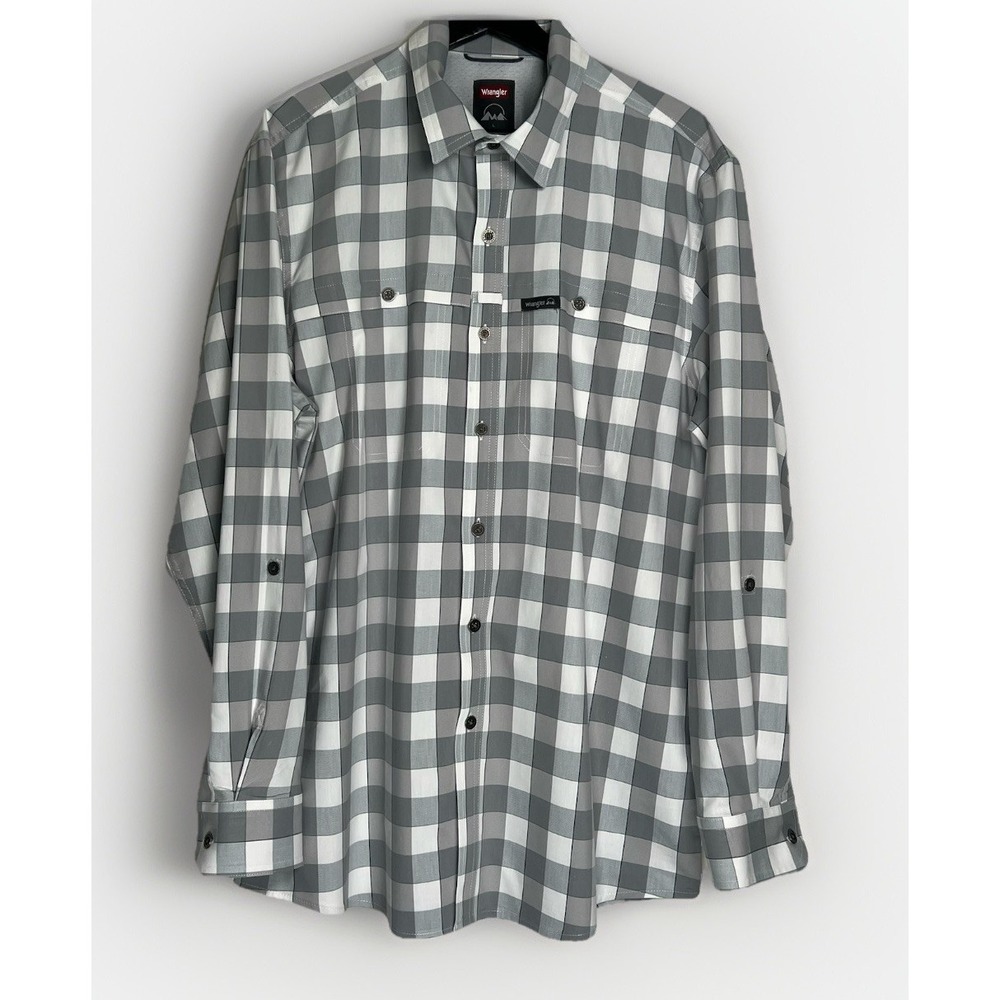 Wrangler Mens Gray Plaid Outdoor Performance Roll Tab Shirt L NWP25MN Stretch